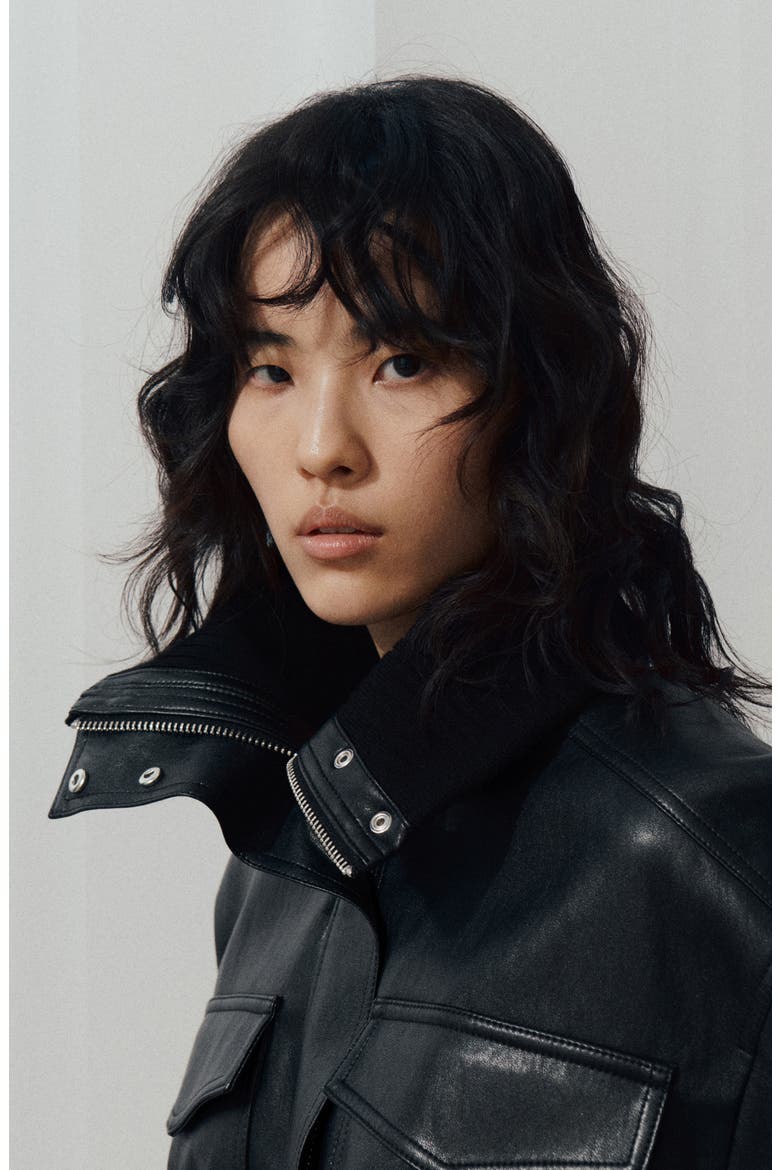 Crop Rib Faux Leather Jacket, Alternate, color, BLACK