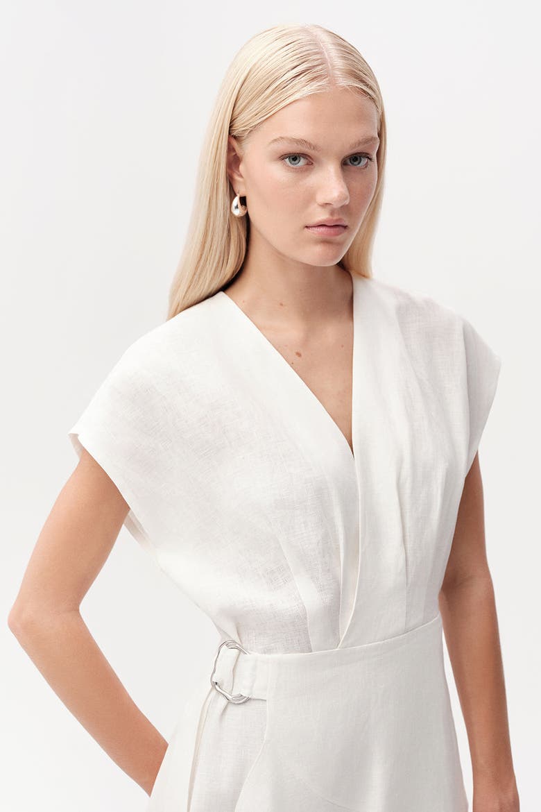 Callanne V Neck Cap Sleeve Linen Mini Dress, Alternate, color, Ecru