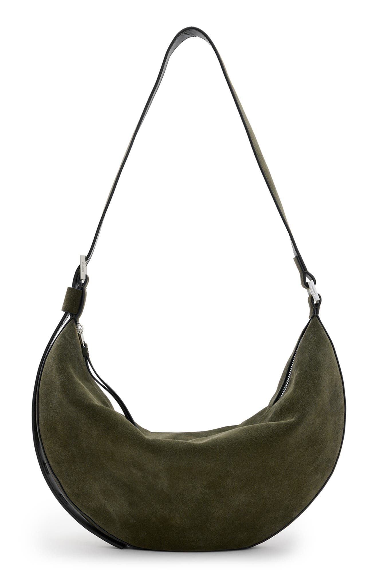 AllSaints Half Moon Suede Shoulder Bag, Main, color, 