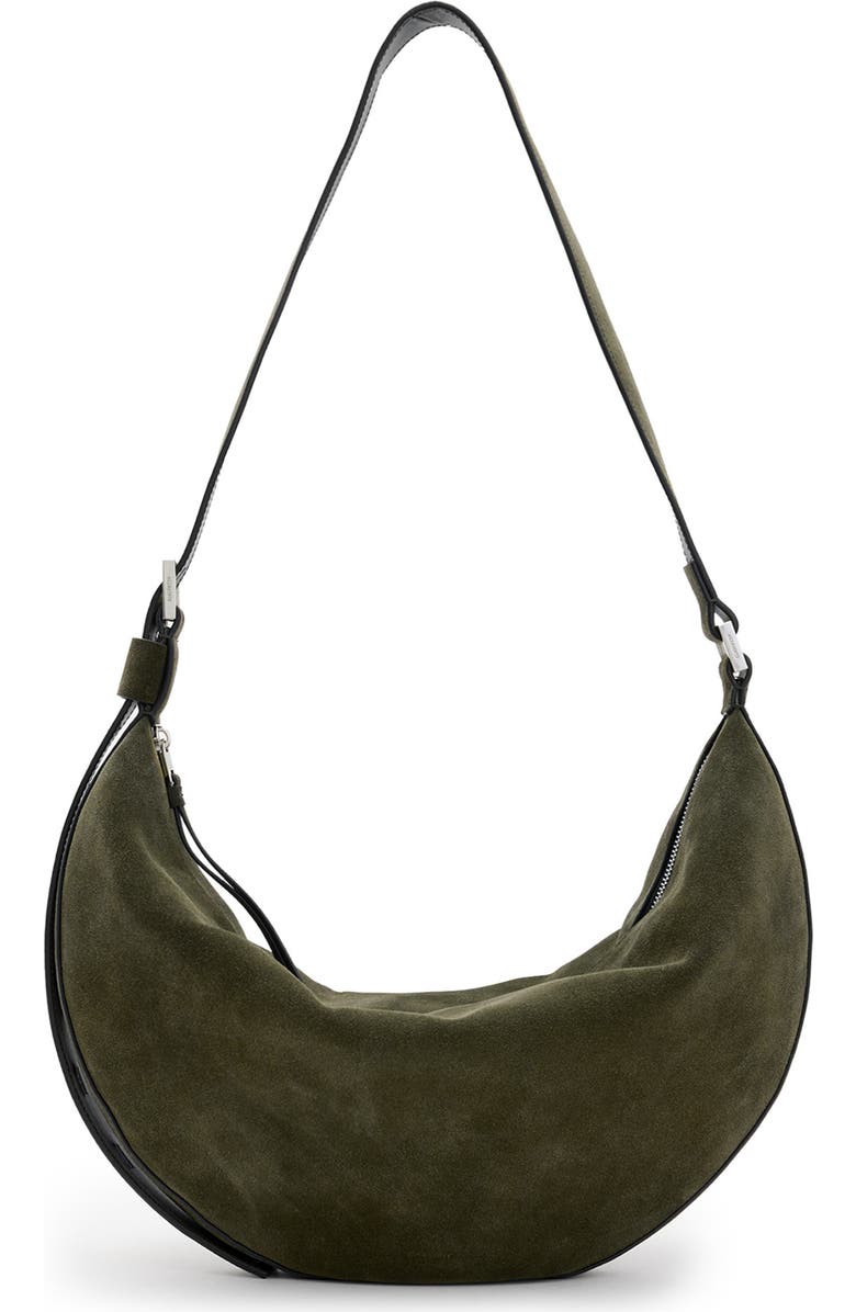 AllSaints Half Moon Suede Shoulder Bag, Main, color,
