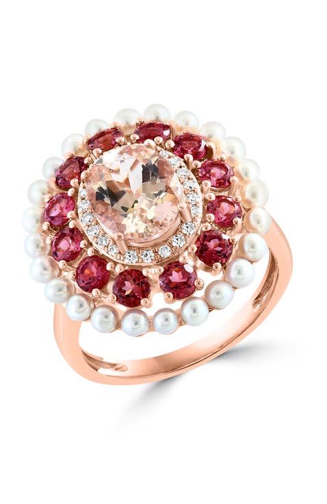 14K Rose Gold Diamond & Fresh Water Pearl Gemstone Cocktail Ring