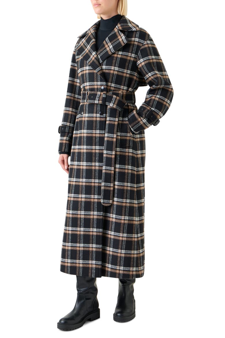 Plaid Double Face Wool Blend Trench Coat, Alternate, color, BLACK-CAMEL-CREAM