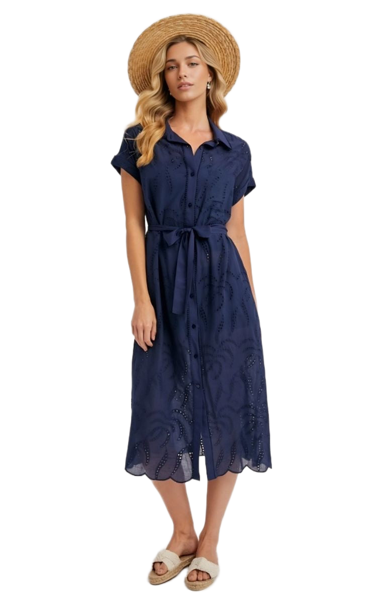 Knit and Lounge Eyelet Button Front Tie Waist Short Sleeve Scalloped Hem Shirt Dress, Alternate, color, Navy