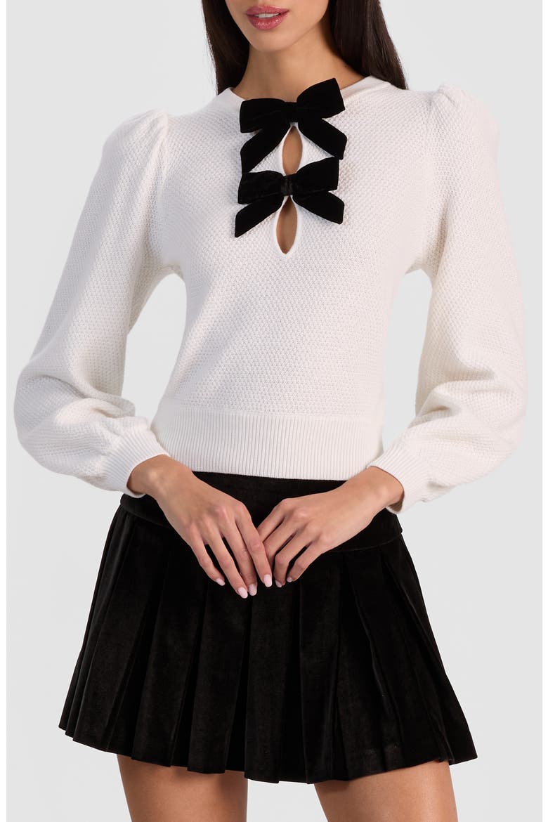 Doris Velvet Bow Sweater, Main, color, SOFT WHITE/ BLACK