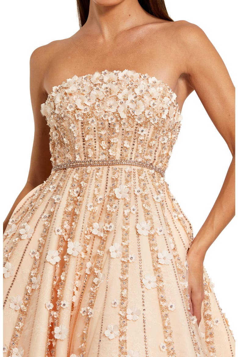 Embellished Lace Strapless Midi A Line Dress, Alternate, color, Champagne