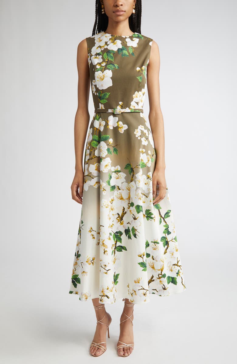 Oscar de la Renta Ombré Cherry Blossom Belted Poplin Midi Dress, Main, color, White Khaki Ombre