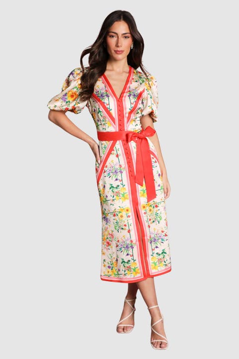 Satin Scarf Print V-Neck Midi Dress