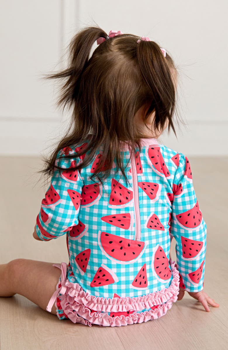 RuffleButts Watermelon Gingham One-Piece Rashguard Swimsuit & Hat Set, Alternate, color, 