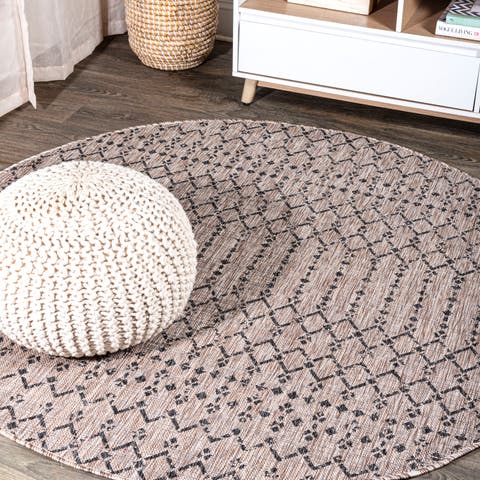 Ourika Moroccan Geometric Textured Weave Indoor/Outdoor Round Area Rug
