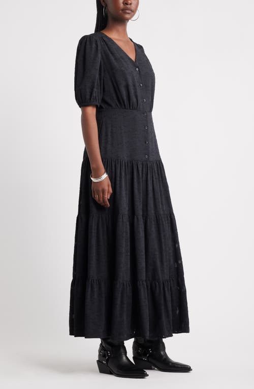 Treasure & Bond Puff Sleeve Tiered Jacquard Maxi Dress In Black