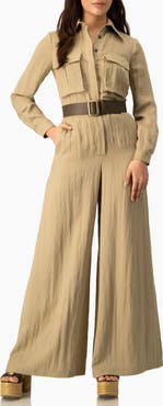 IVONNE Long Sleeve Button-Front Safari Utility Wide-Leg Jumpsuit