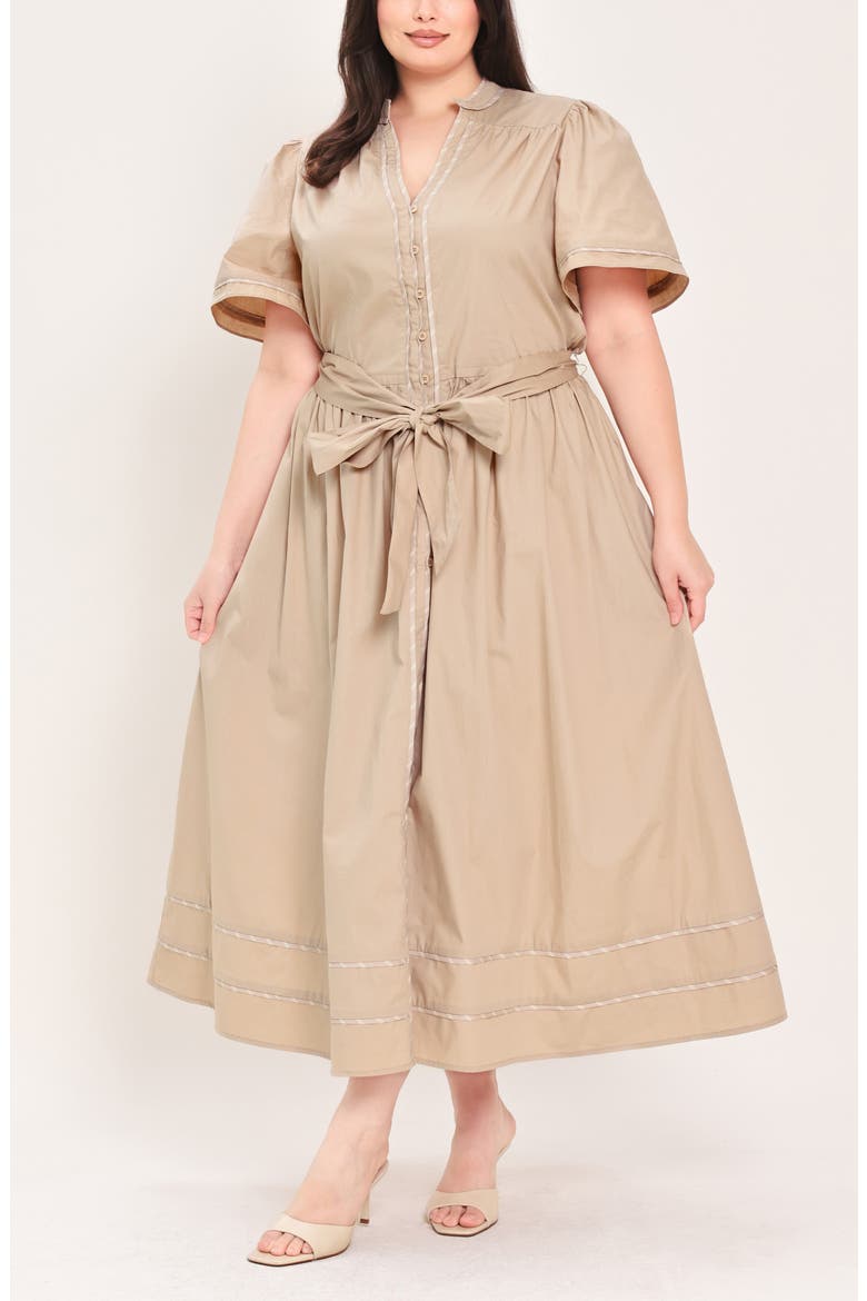 Solid Tie Waist Midi Dress, Alternate, color, TAUPE