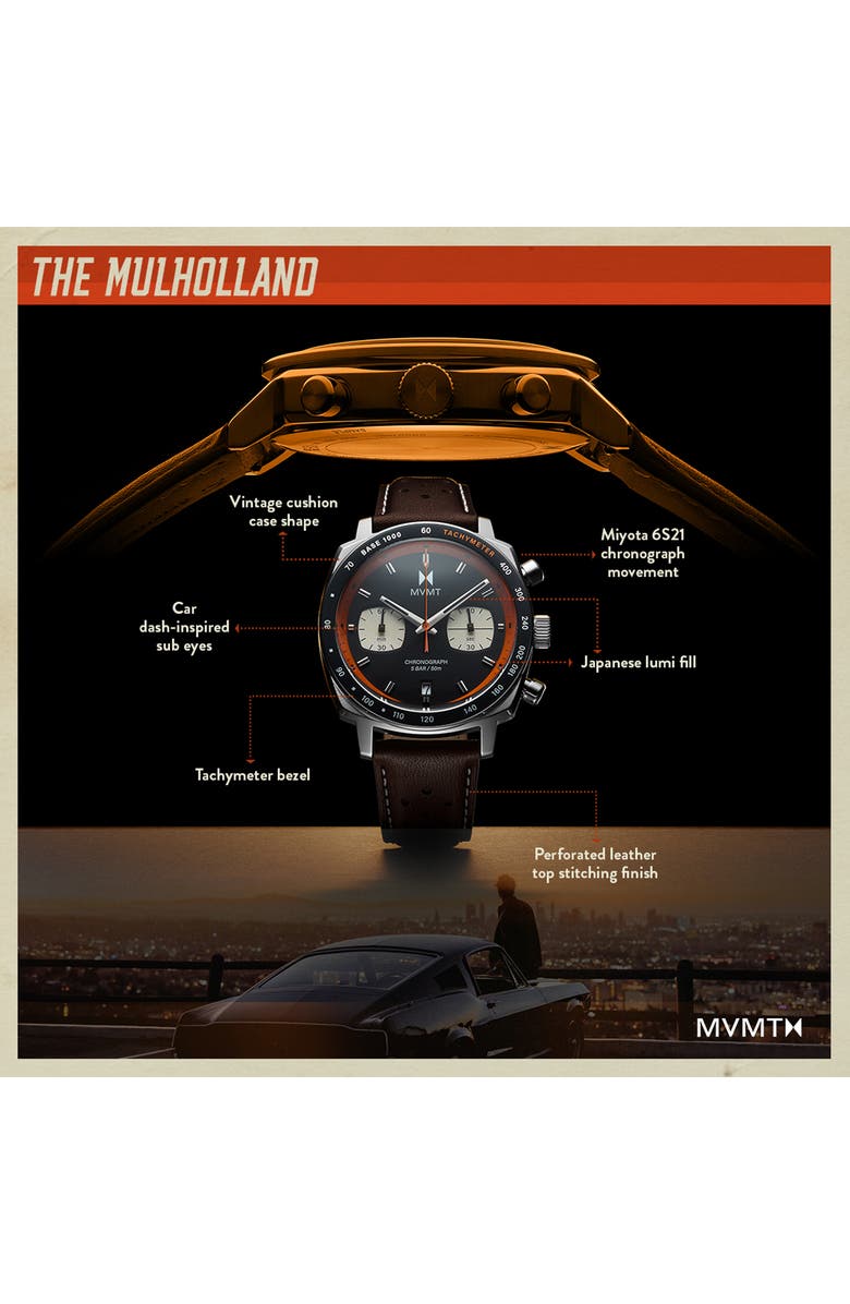 MVMT Mulholland Racer Leather Strap Watch, 42mm, Alternate, color, Brown