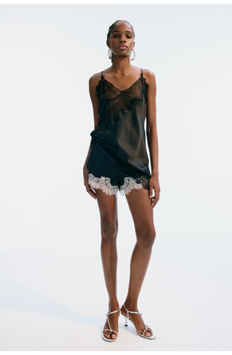 H&M Lace-trimmed Strappy Satin Top, Alternate, color, Black