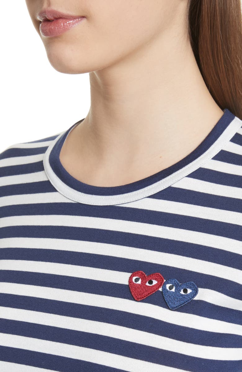 Comme des Garçons PLAY Double Heart Stripe Tee, Alternate, color, Navy
