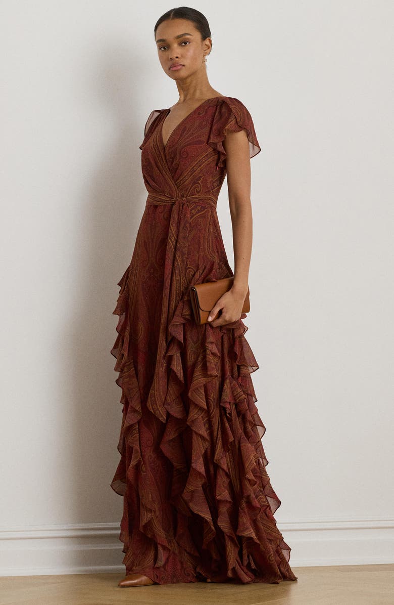 Lauren Ralph Lauren Paisley Ruffle Trim Flutter Sleeve Gown, Alternate, color, Red Multi