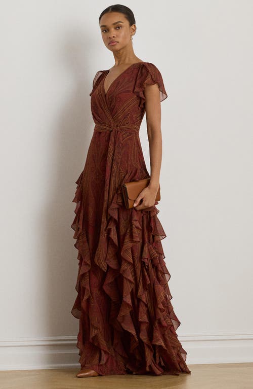 Ralph Lauren Lauren  Paisley Ruffle Trim Flutter Sleeve Gown In Brown