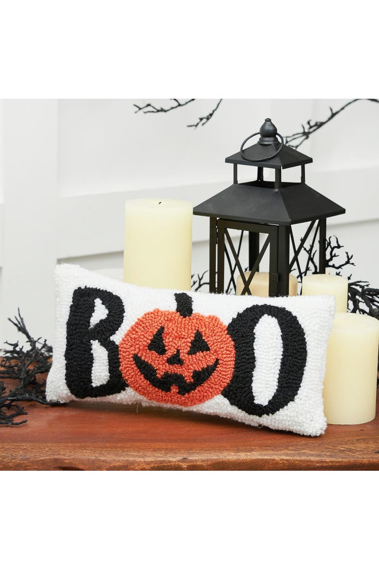 "Boo" Jack O' Lantern Hooked Halloween Petite Accent Pillow 6" x 12", Alternate, color, White
