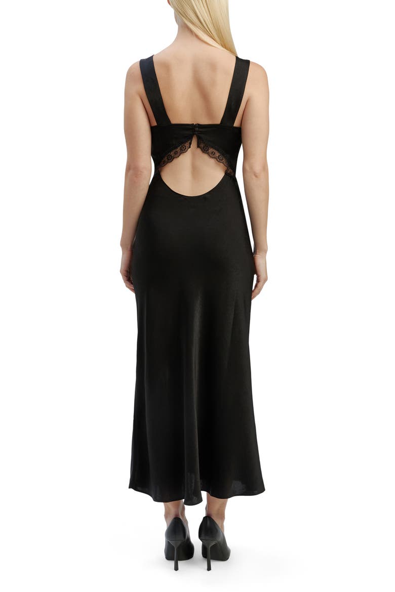 Emory Lace Trim Cutout Satin Midi Slipdress, Alternate, color, BLACK