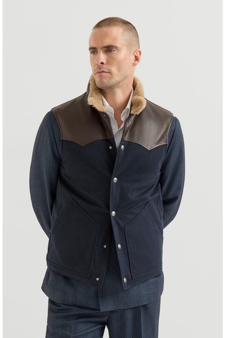 Bonded wool flannel paneled down vest with shearling collar and nappa leather inserts, Main, color, Blue