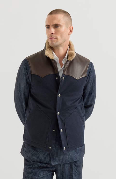 Bonded wool flannel paneled down vest with shearling collar and nappa leather inserts