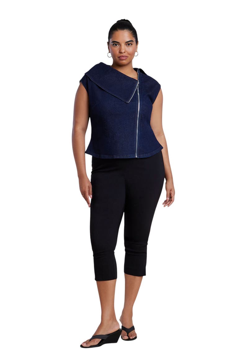 Asymmetric Zip Front Stretch Denim Top, Alternate, color, DARK WASH