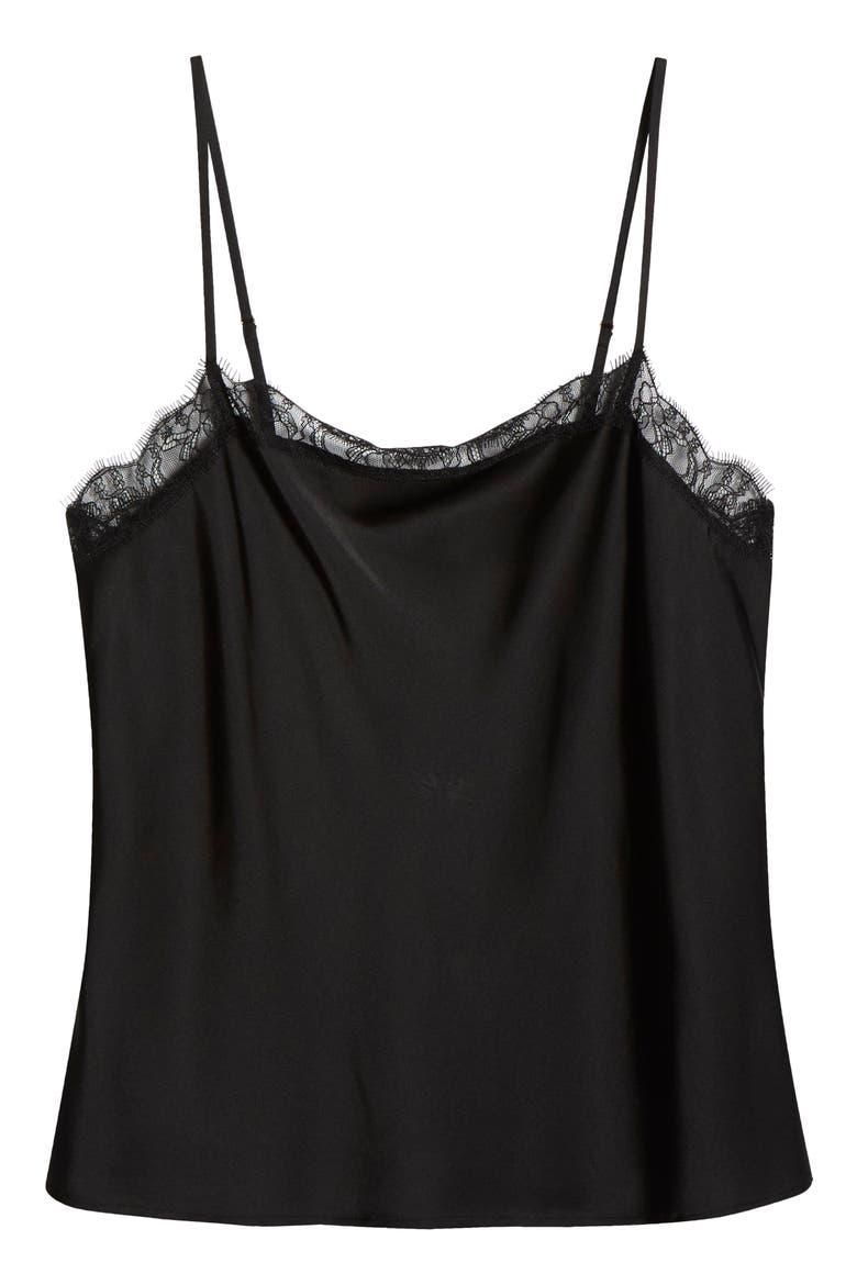 Scalloped Lace Trim Square Neck Satin Camisole, Alternate, color, BLACK