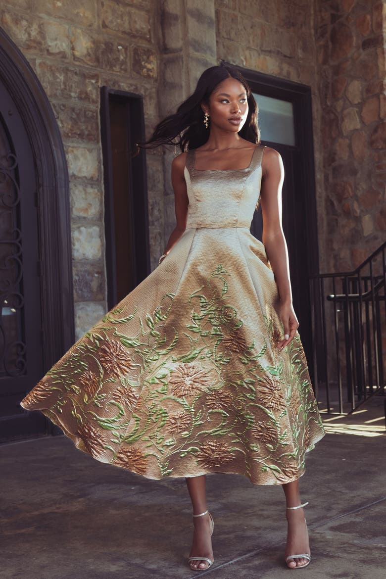 Embroidered Floral Jacquard A-Line Midi Dress, Alternate, color, Gold