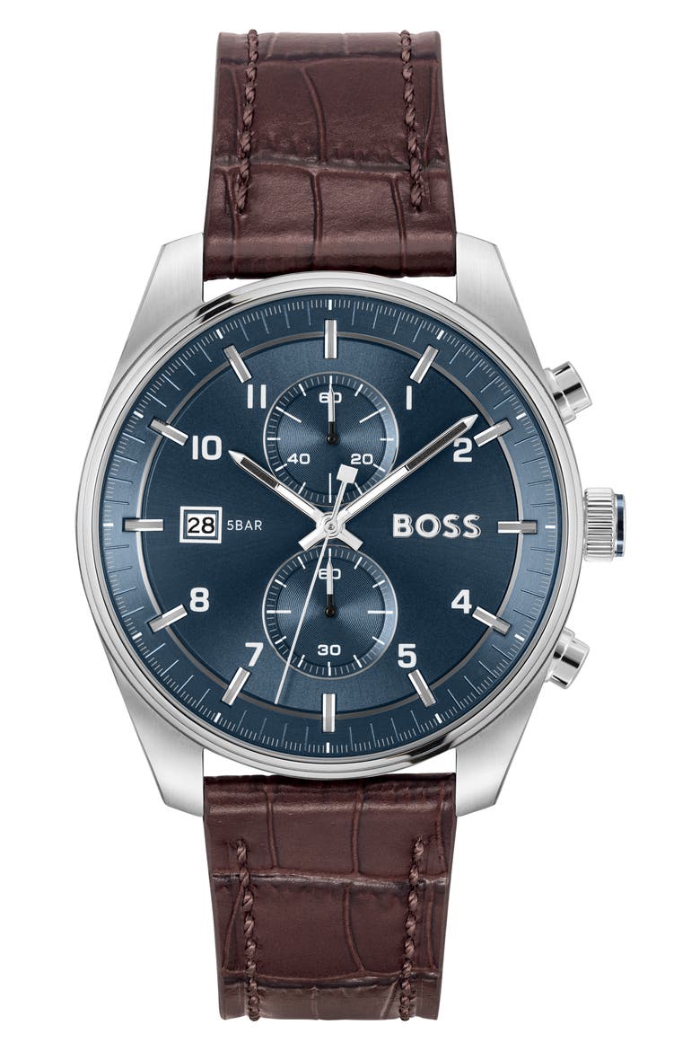Skytraveller Chronograph Croc Embossed Leather Strap Watch, 44mm, Main, color, BLUE