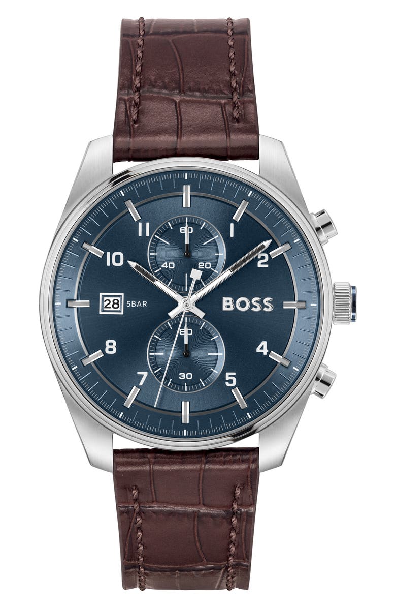 BOSS Skytraveller Chronograph Croc Embossed Leather Strap Watch, 44mm, Main, color, Blue