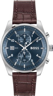 BOSS Skytraveller Chronograph Croc Embossed Leather Strap Watch, 44mm