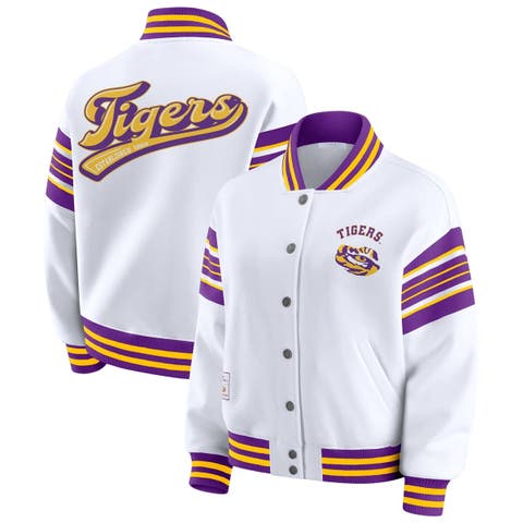 Women's WEAR by Erin Andrews White/Purple LSU Tigers Satin Stitch Full-Snap Fleece Sweatshirt Jacket