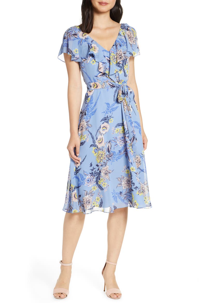 Floral Ruffle Chiffon Dress, Main, color, ICE BLUE