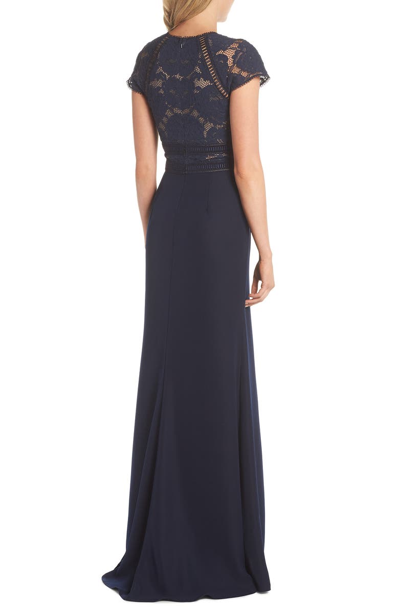 Tadashi Shoji Lace & Crepe A-Line Gown, Alternate, color, Navy/ Nude