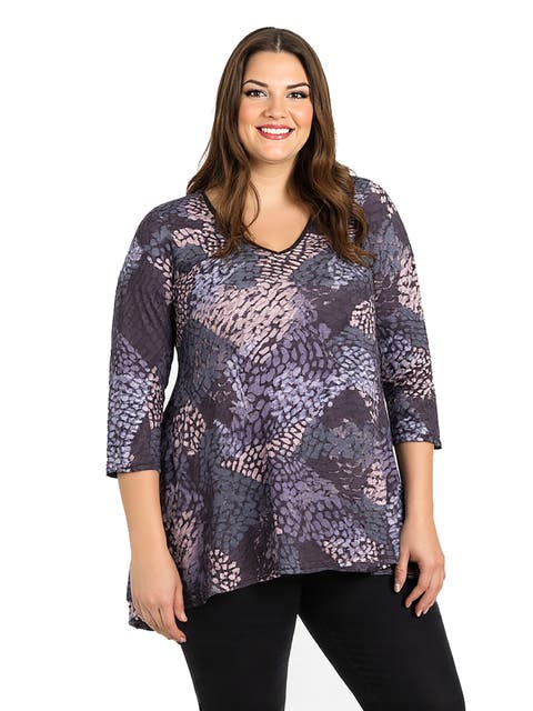 Plus Size Abstract Print V-Neck three quarter Sleeve Tunic Top