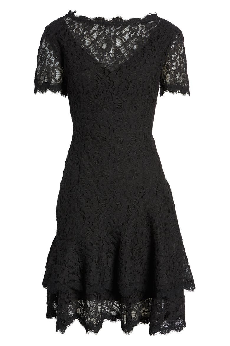 Scalloped Lace Cocktail Dress, Alternate, color, BLACK