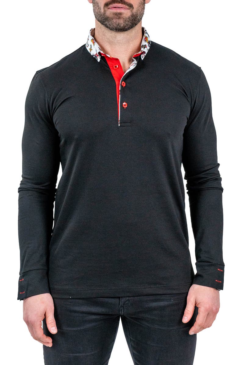 Maceoo Newton Solid Tattoo Print Accent Long Sleeve Cotton Polo, Main, color, 