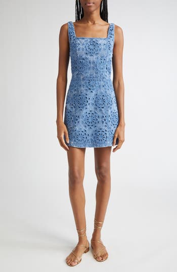 Alice And Olivia Maryann Floral Cutout Denim Dress In Avery Blue