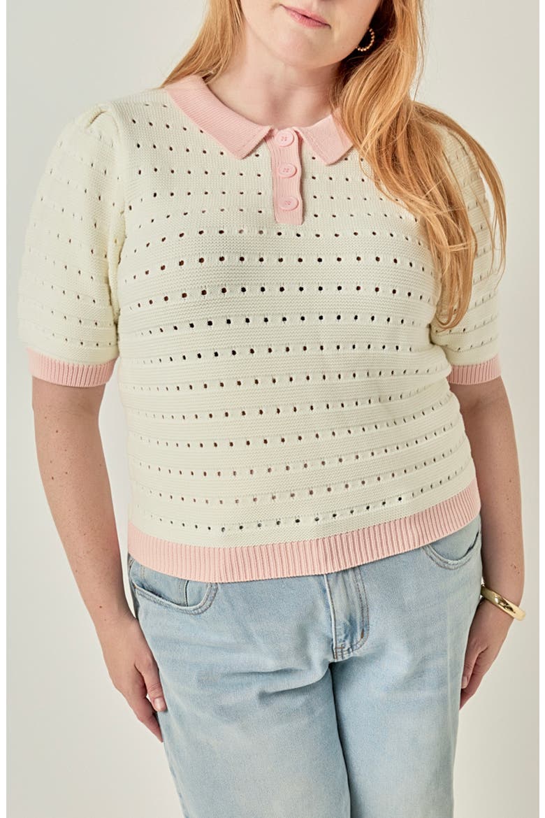 Colorblock Pointelle Short Sleeve Polo Sweater, Main, color, IVORY/ PINK