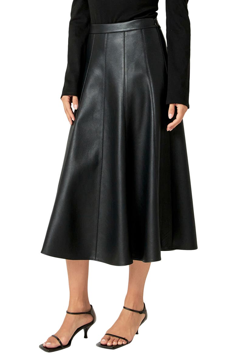 Faux Leather Midi Flare Skirt, Alternate, color, BLACK