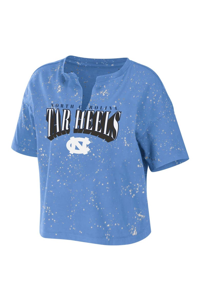 Women's WEAR by Erin Andrews Carolina Blue North Carolina Tar Heels Bleach Wash Splatter Cropped Notch Neck T-Shirt, Alternate, color, Light Blue
