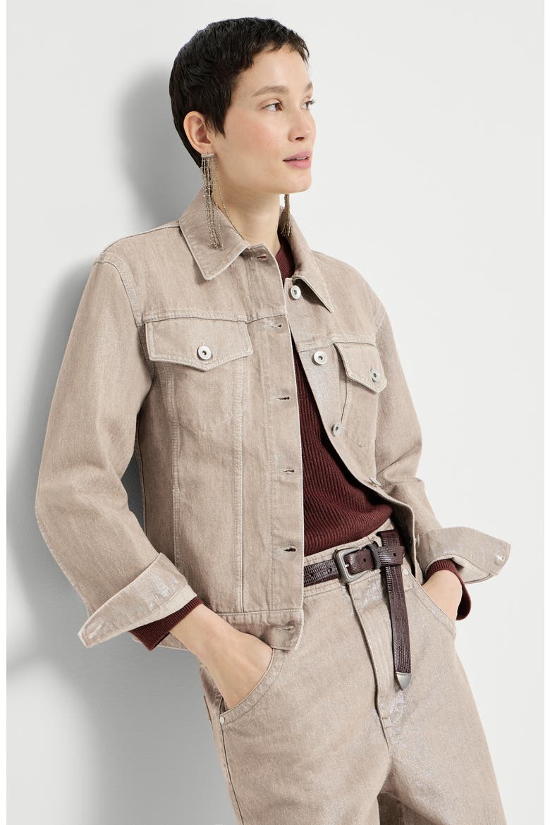 Beige lamé denim four-pocket outerwear jacket with monili, Alternate, color, Rope