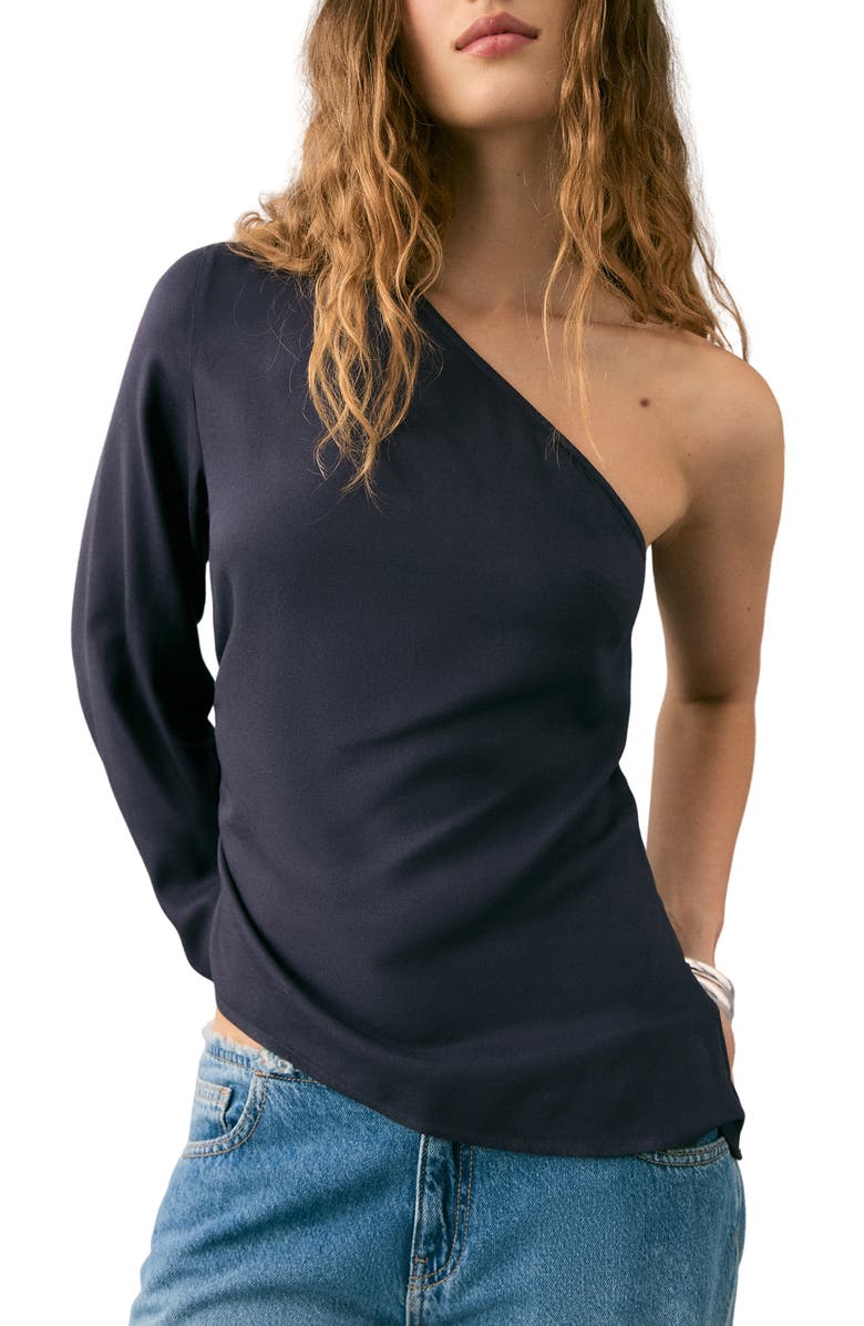 MANGO TEEN Asymmetric Ruched One-Shoulder Top, Main, color, Navy
