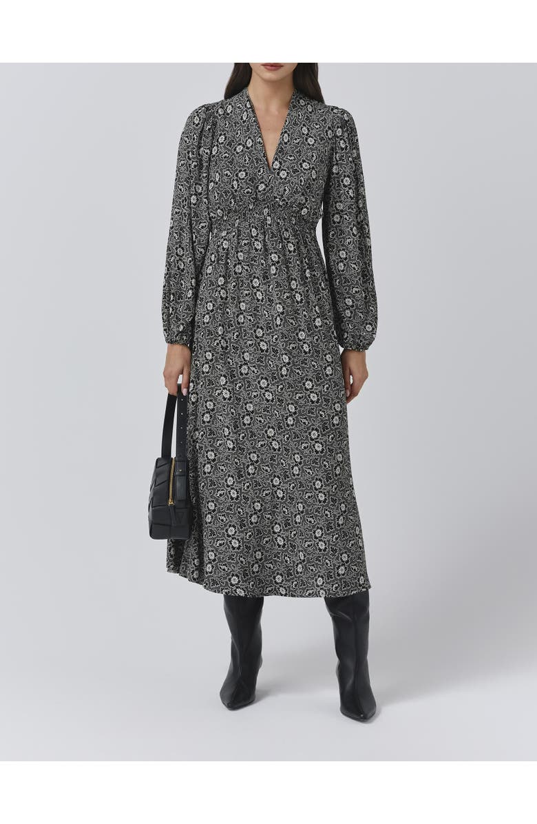 Ghost London Petal Crepe V Neck Midi Waisted Dress, Alternate, color, Black Ditsy
