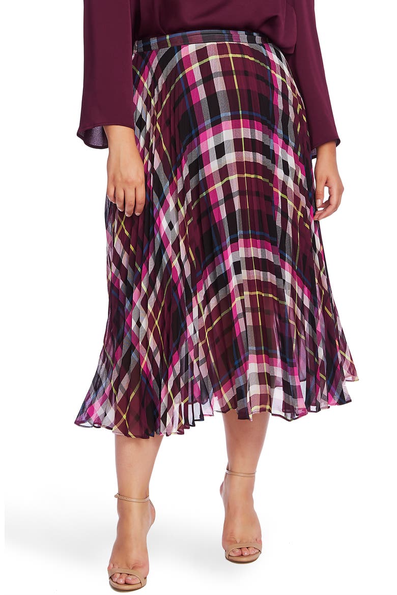 Plaid Pleated Midi Skirt, Main, color, MERLOT
