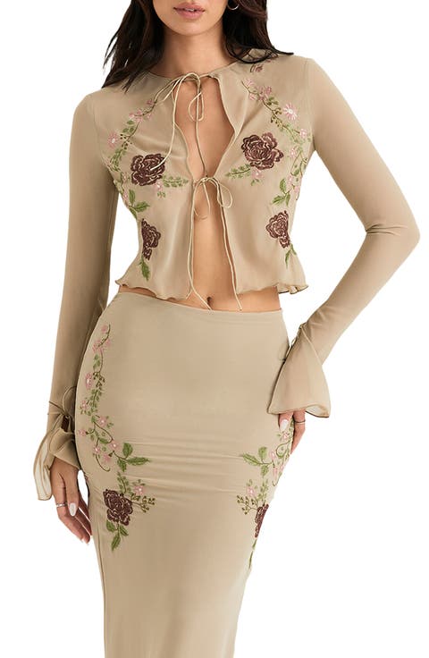 Asra Floral Embroidered Tie Front Mesh Top