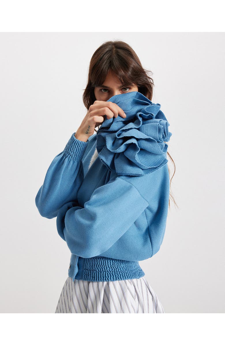 THEO The Label Nomia Ribbed Waist Rosette Cardigan, Alternate, color, Retro Blue