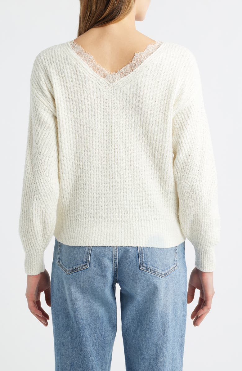 MARGARET O'LEARY Lace Accent Cotton Blend V-Neck Sweater, Alternate, color, Ivory
