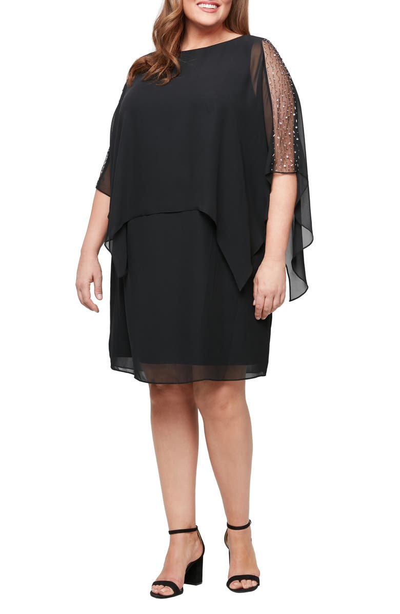 SL FASHIONS Beaded Chiffon Overlay Shift Dress, Main, color, Black