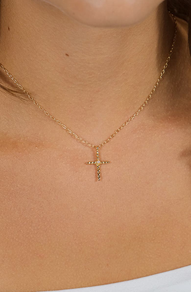 Sterling Forever Anas Cultured Pearl Cross Pendant Necklace, Alternate, color, Silver